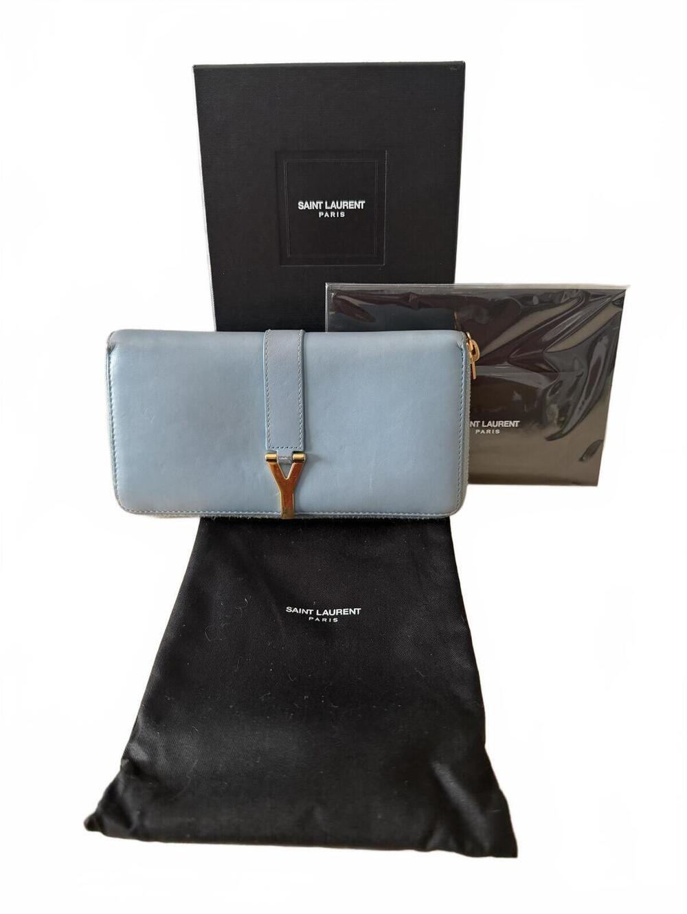 Saint Laurent Y Ligne Continental Zip Around Wallet Gold Hardware Glacier Blue